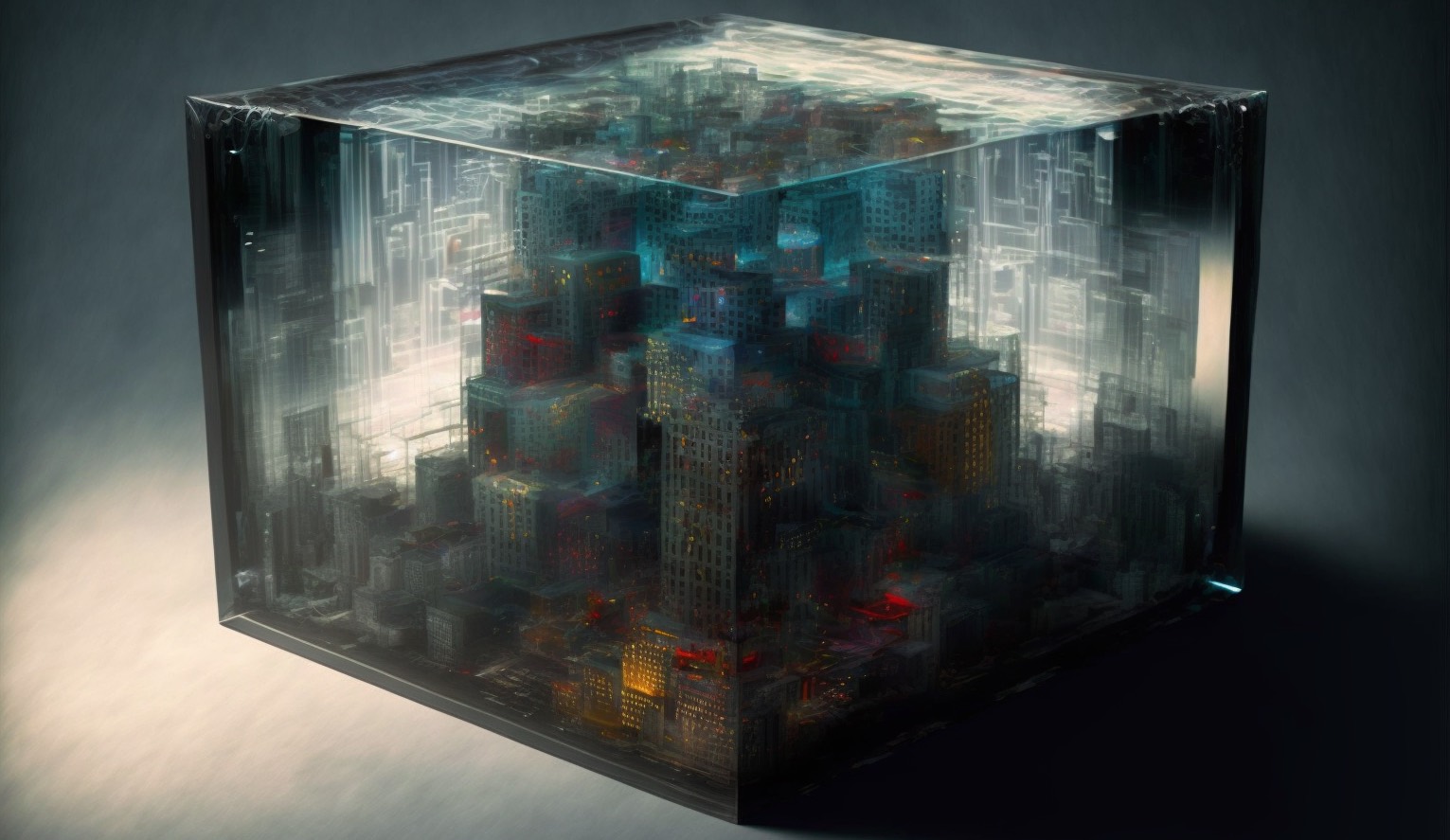 Fantastic metropolis inside a glass cube